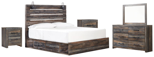 Drystan King Panel Bed with 4 Storage Drawers with Mirrored Dresser and 2 Nightstands Homeline Furniture