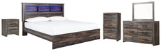 Drystan King Panel Bookcase Bed with Mirrored Dresser, Chest and Nightstand Homeline Furniture