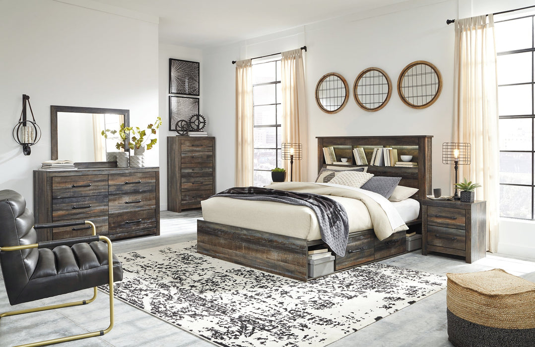 Drystan Queen Bookcase Bed with 2 Storage Drawers with Mirrored Dresser, Chest and 2 Nightstands Homeline Furniture