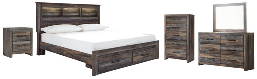 Drystan Queen Bookcase Bed with 2 Storage Drawers with Mirrored Dresser, Chest and Nightstand Homeline Furniture