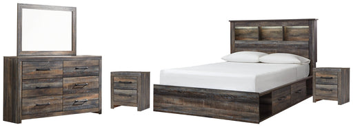 Drystan Queen Bookcase Bed with 4 Storage Drawers with Mirrored Dresser and 2 Nightstands Homeline Furniture