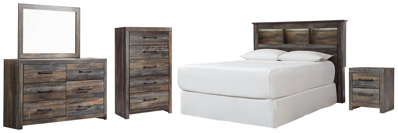 Drystan Queen/Full Bookcase Headboard with Mirrored Dresser, Chest and Nightstand Homeline Furniture