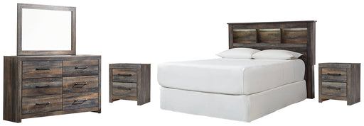 Drystan Queen/Full Bookcase Headboard with Mirrored Dresser and 2 Nightstands Homeline Furniture