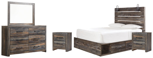 Drystan Queen Panel Bed with 2 Storage Drawers with Mirrored Dresser and 2 Nightstands Homeline Furniture