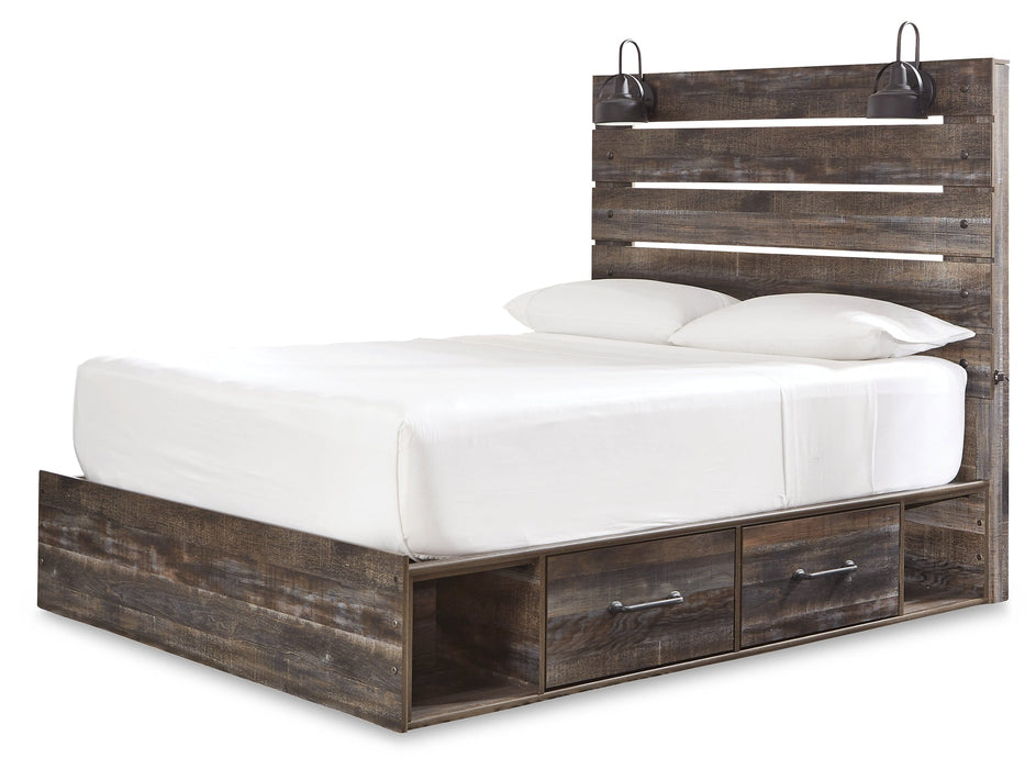 Drystan Queen Panel Bed with 2 Storage Drawers with Mirrored Dresser and 2 Nightstands Homeline Furniture