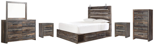 Drystan Queen Panel Bed with 4 Storage Drawers with Mirrored Dresser, Chest and 2 Nightstands Homeline Furniture