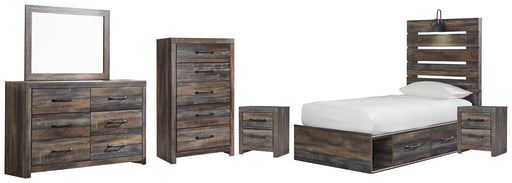 Drystan Twin Panel Bed with 4 Storage Drawers with Mirrored Dresser, Chest and 2 Nightstands Homeline Furniture