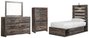 Drystan Twin Panel Bed with 4 Storage Drawers with Mirrored Dresser and Chest Homeline Furniture