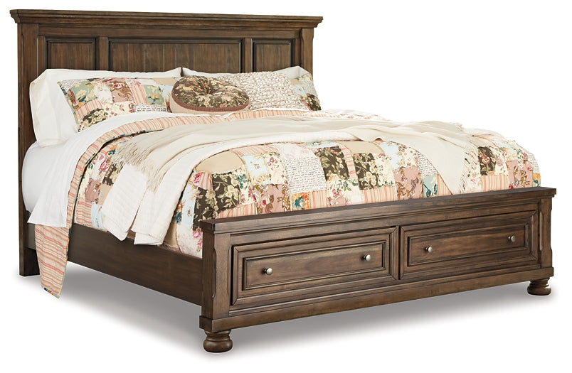 Flynnter California King Panel Bed with 2 Storage Drawers with Mirrored Dresser, Chest and Nightstand Homeline Furniture