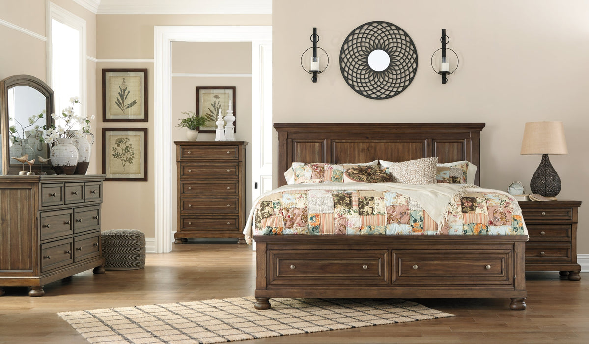 Flynnter California King Panel Bed with 2 Storage Drawers with Mirrored Dresser, Chest and Nightstand Homeline Furniture