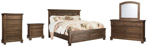 Flynnter California King Panel Bed with 2 Storage Drawers with Mirrored Dresser, Chest and Nightstand Homeline Furniture