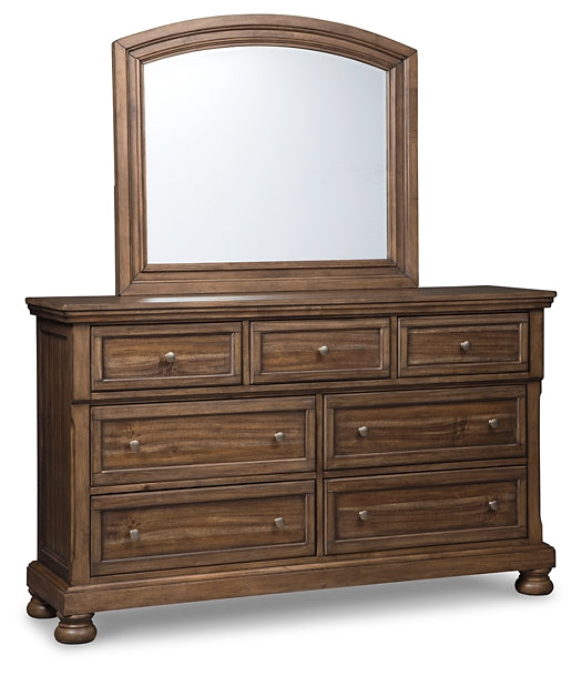 Flynnter California King Panel Bed with 2 Storage Drawers with Mirrored Dresser, Chest and Nightstand Homeline Furniture