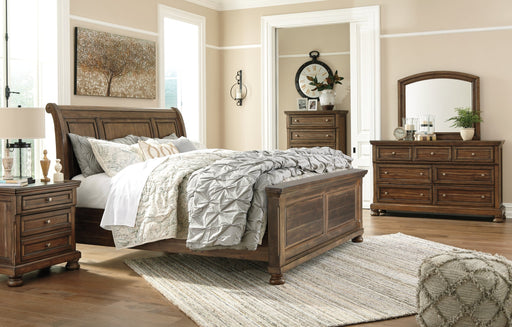 Flynnter King Panel Bed with 2 Storage Drawers with Mirrored Dresser, Chest and Nightstand Homeline Furniture