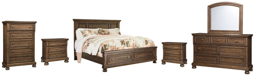 Flynnter Queen Panel Bed with 2 Storage Drawers with Mirrored Dresser, Chest and 2 Nightstands Homeline Furniture