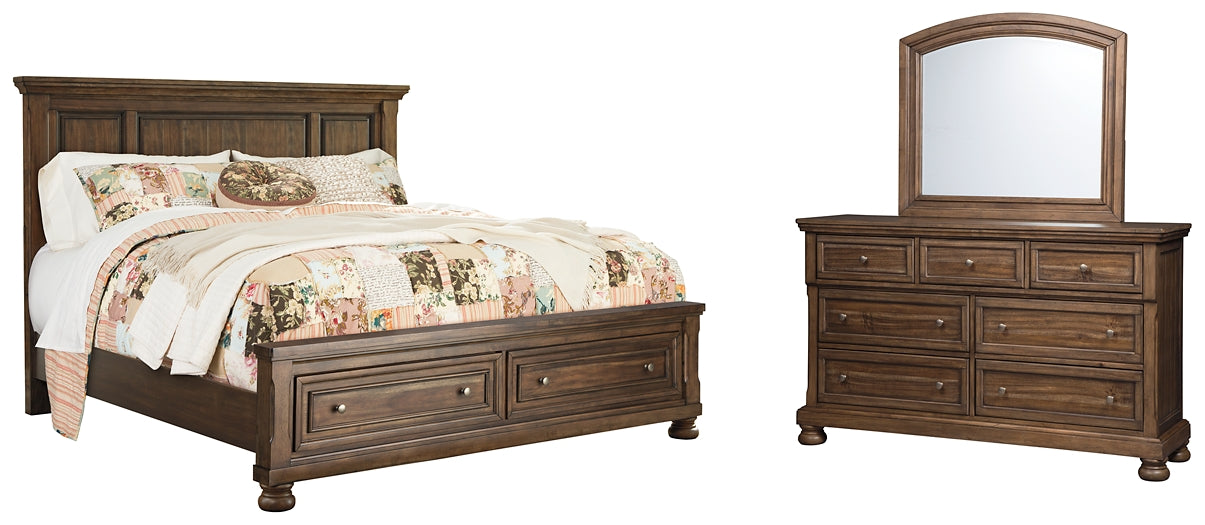 Flynnter Queen Panel Bed with 2 Storage Drawers with Mirrored Dresser Homeline Furniture