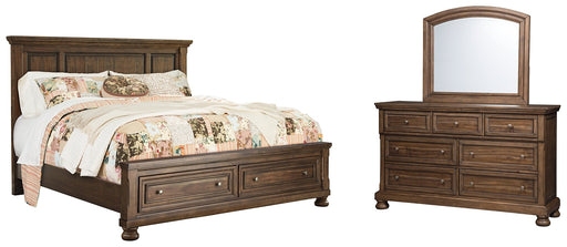 Flynnter Queen Panel Bed with 2 Storage Drawers with Mirrored Dresser Homeline Furniture