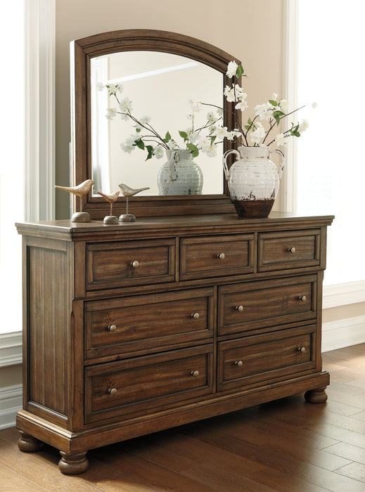 Flynnter Queen Panel Bed with 2 Storage Drawers with Mirrored Dresser Homeline Furniture