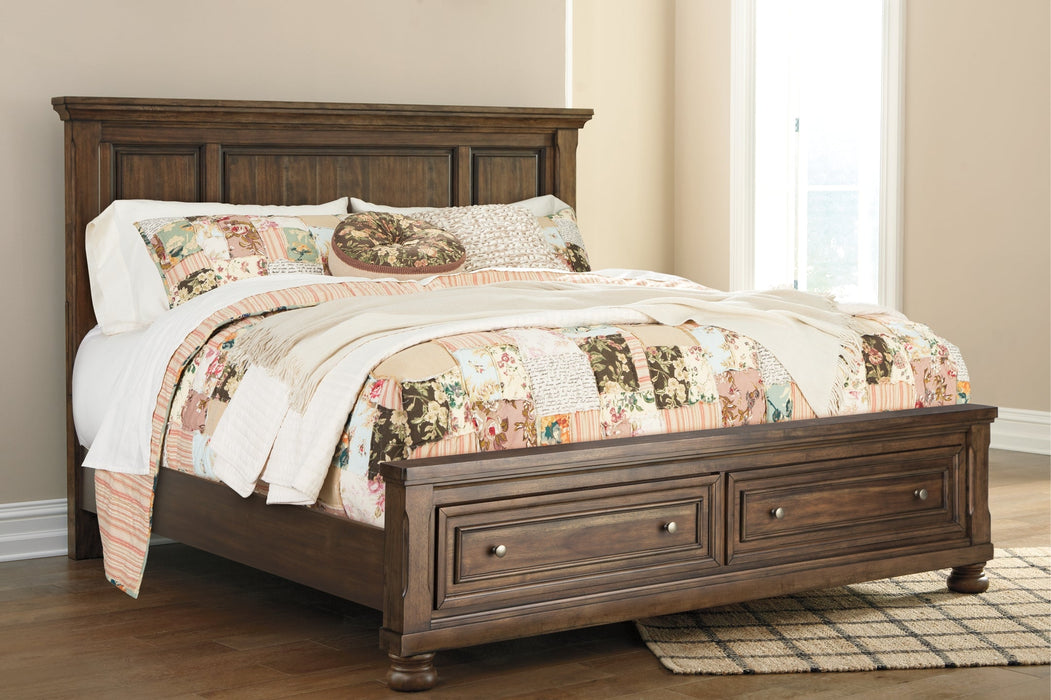 Flynnter Queen Panel Bed with 2 Storage Drawers with Mirrored Dresser Homeline Furniture