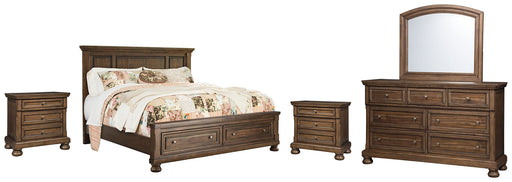 Flynnter Queen Panel Bed with 2 Storage Drawers with Mirrored Dresser and 2 Nightstands Homeline Furniture