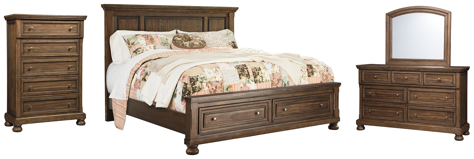 Flynnter Queen Panel Bed with 2 Storage Drawers with Mirrored Dresser and Chest Homeline Furniture