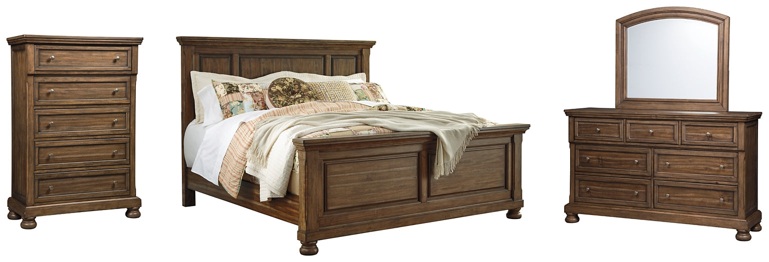 Flynnter Queen Panel Bed with Mirrored Dresser and Chest Homeline Furniture