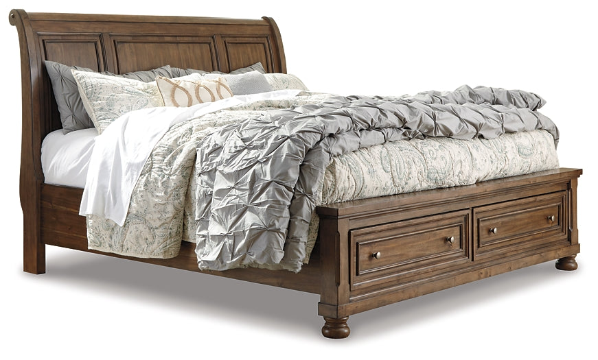 Flynnter Queen Sleigh Bed with 2 Storage Drawers with Mirrored Dresser, Chest and 2 Nightstands Homeline Furniture