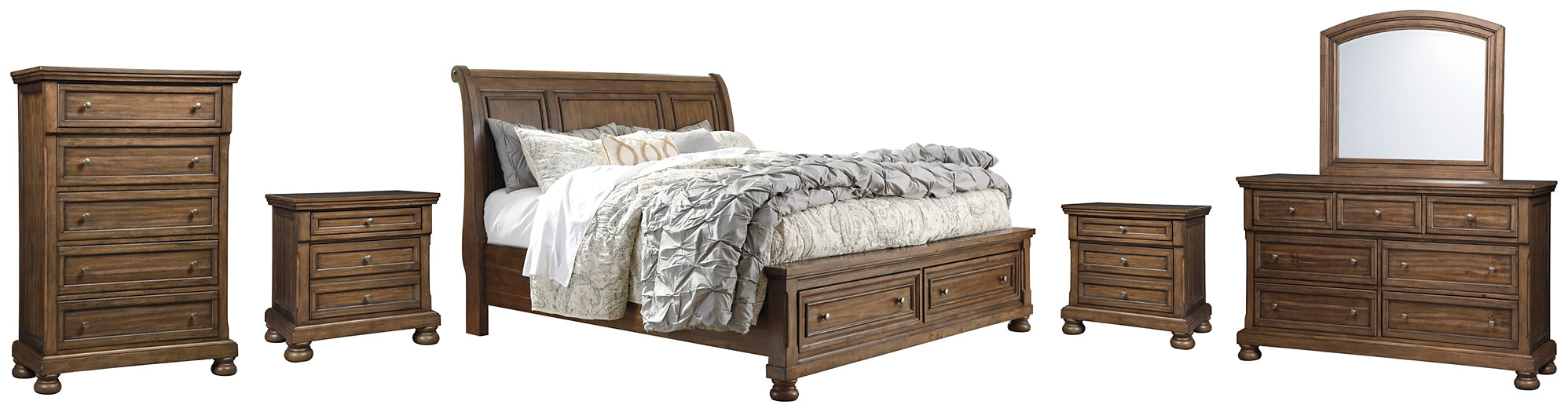 Flynnter Queen Sleigh Bed with 2 Storage Drawers with Mirrored Dresser, Chest and 2 Nightstands Homeline Furniture