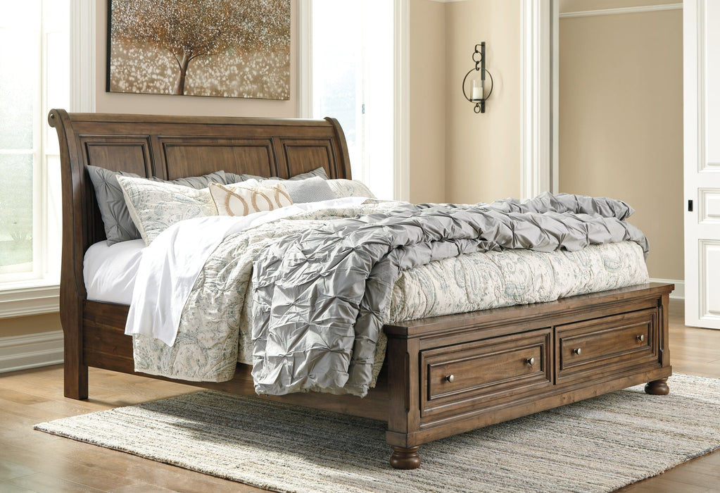 Flynnter Queen Sleigh Bed with 2 Storage Drawers with Mirrored Dresser, Chest and 2 Nightstands Homeline Furniture