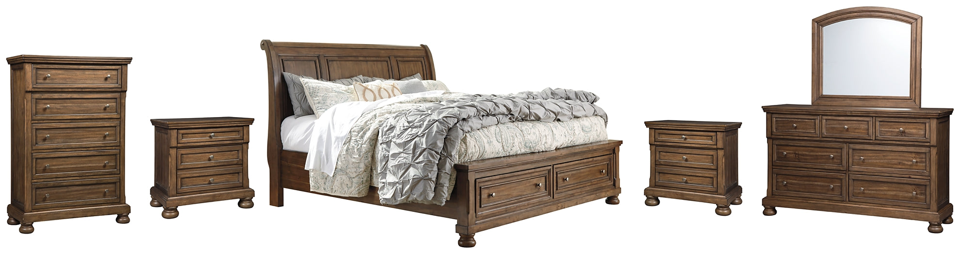 Flynnter Queen Sleigh Bed with 2 Storage Drawers with Mirrored Dresser, Chest and 2 Nightstands Homeline Furniture