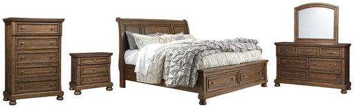 Flynnter Queen Sleigh Bed with 2 Storage Drawers with Mirrored Dresser, Chest and Nightstand Homeline Furniture