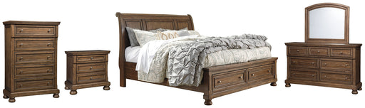 Flynnter Queen Sleigh Bed with 2 Storage Drawers with Mirrored Dresser, Chest and Nightstand Homeline Furniture