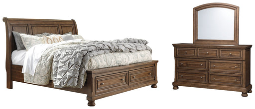 Flynnter Queen Sleigh Bed with 2 Storage Drawers with Mirrored Dresser Homeline Furniture