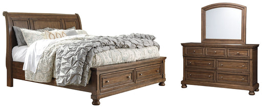 Flynnter Queen Sleigh Bed with 2 Storage Drawers with Mirrored Dresser Homeline Furniture