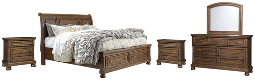 Flynnter Queen Sleigh Bed with 2 Storage Drawers with Mirrored Dresser and 2 Nightstands Homeline Furniture