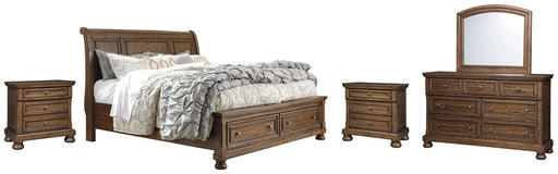 Flynnter Queen Sleigh Bed with 2 Storage Drawers with Mirrored Dresser and 2 Nightstands Homeline Furniture