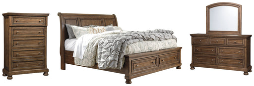 Flynnter Queen Sleigh Bed with 2 Storage Drawers with Mirrored Dresser and Chest Homeline Furniture