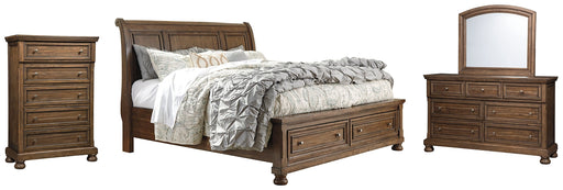 Flynnter Queen Sleigh Bed with 2 Storage Drawers with Mirrored Dresser and Chest Homeline Furniture