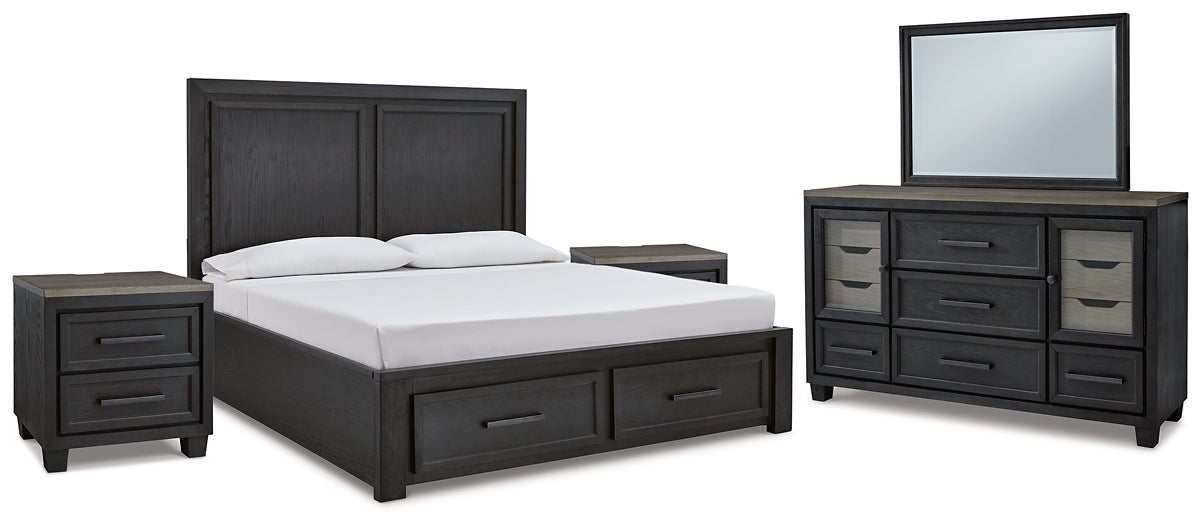 Foyland California King Panel Storage Bed with Mirrored Dresser and 2 Nightstands Homeline Furniture