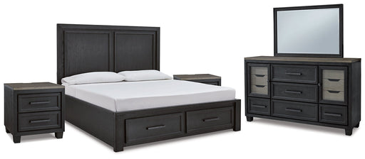 Foyland California King Panel Storage Bed with Mirrored Dresser and 2 Nightstands Homeline Furniture