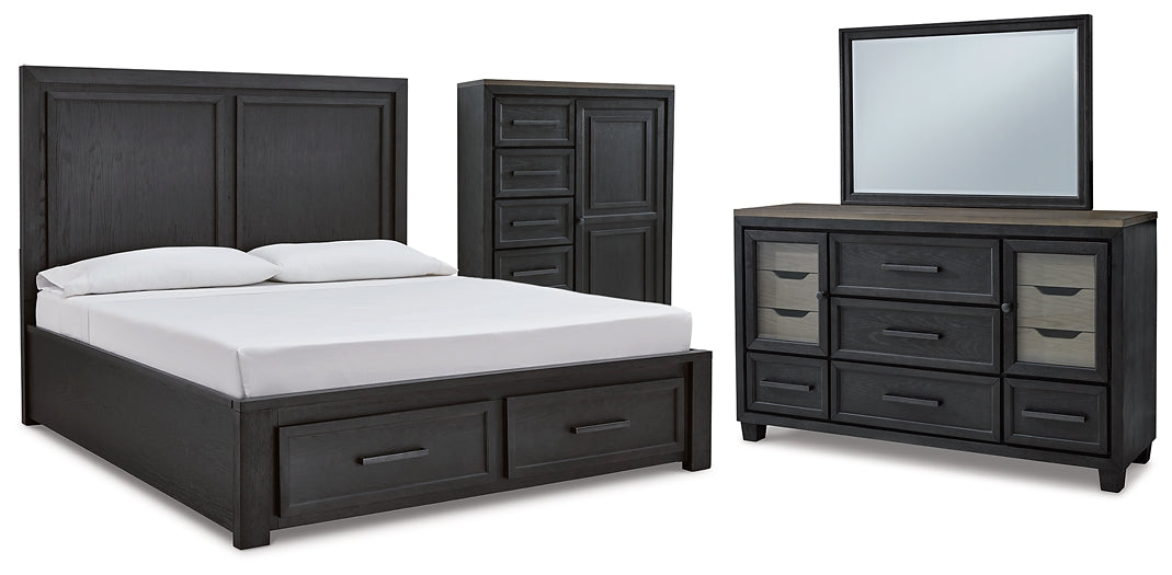 Foyland California King Panel Storage Bed with Mirrored Dresser and Chest Homeline Furniture