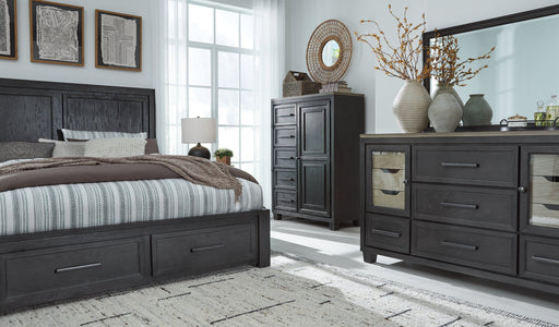 Foyland California King Panel Storage Bed with Mirrored Dresser and Chest Homeline Furniture