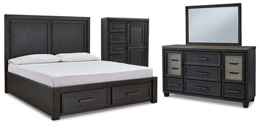 Foyland King Panel Storage Bed with Mirrored Dresser and Chest Homeline Furniture