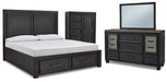 Foyland Queen Panel Storage Bed with Mirrored Dresser and Chest Homeline Furniture