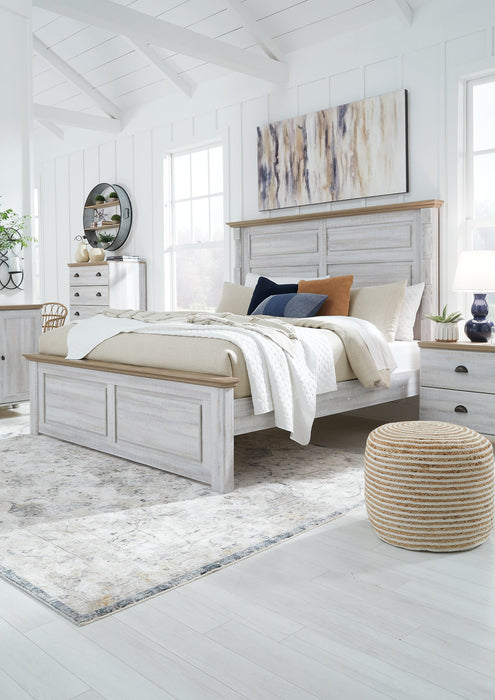 Haven Bay King Panel Bed with Mirrored Dresser, Chest and Nightstand Homeline Furniture