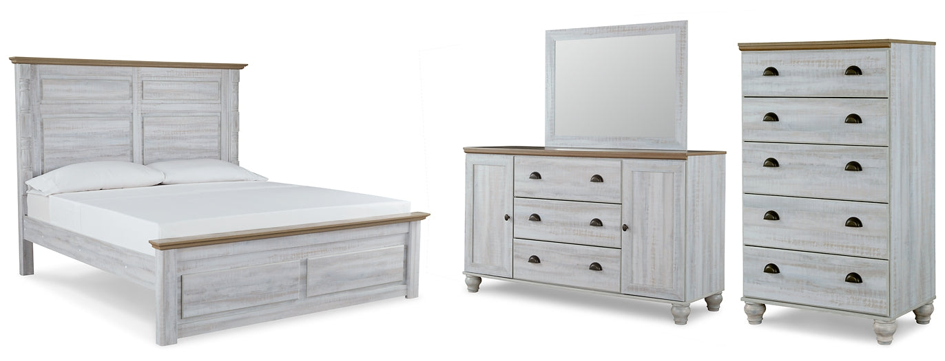 Haven Bay King Panel Bed with Mirrored Dresser and Chest Homeline Furniture