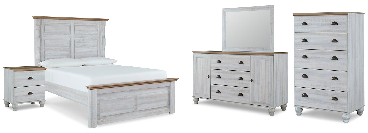 Haven Bay Queen Panel Bed with Mirrored Dresser, Chest and Nightstand Homeline Furniture