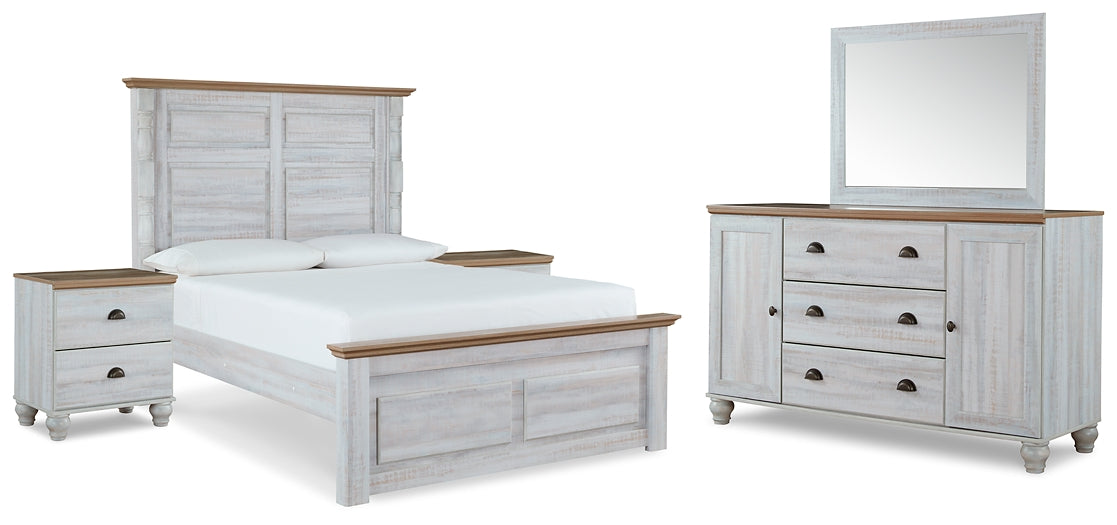 Haven Bay Queen Panel Bed with Mirrored Dresser and 2 Nightstands Homeline Furniture