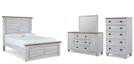 Haven Bay Queen Panel Bed with Mirrored Dresser and Chest Homeline Furniture