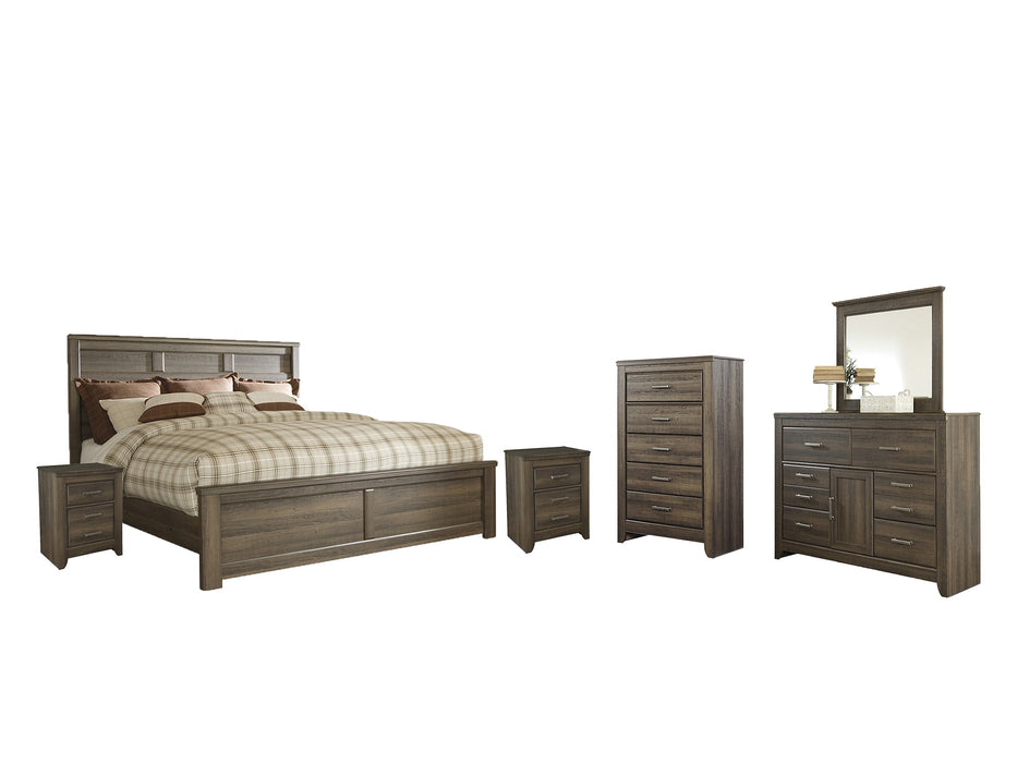 Juararo California King Panel Bed with Mirrored Dresser, Chest and 2 Nightstands Homeline Furniture