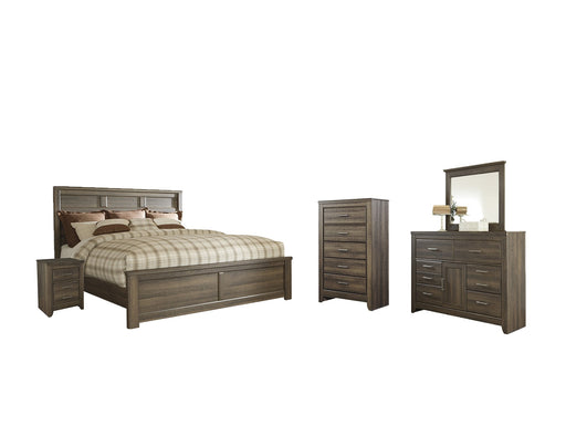 Juararo California King Panel Bed with Mirrored Dresser, Chest and Nightstand Homeline Furniture